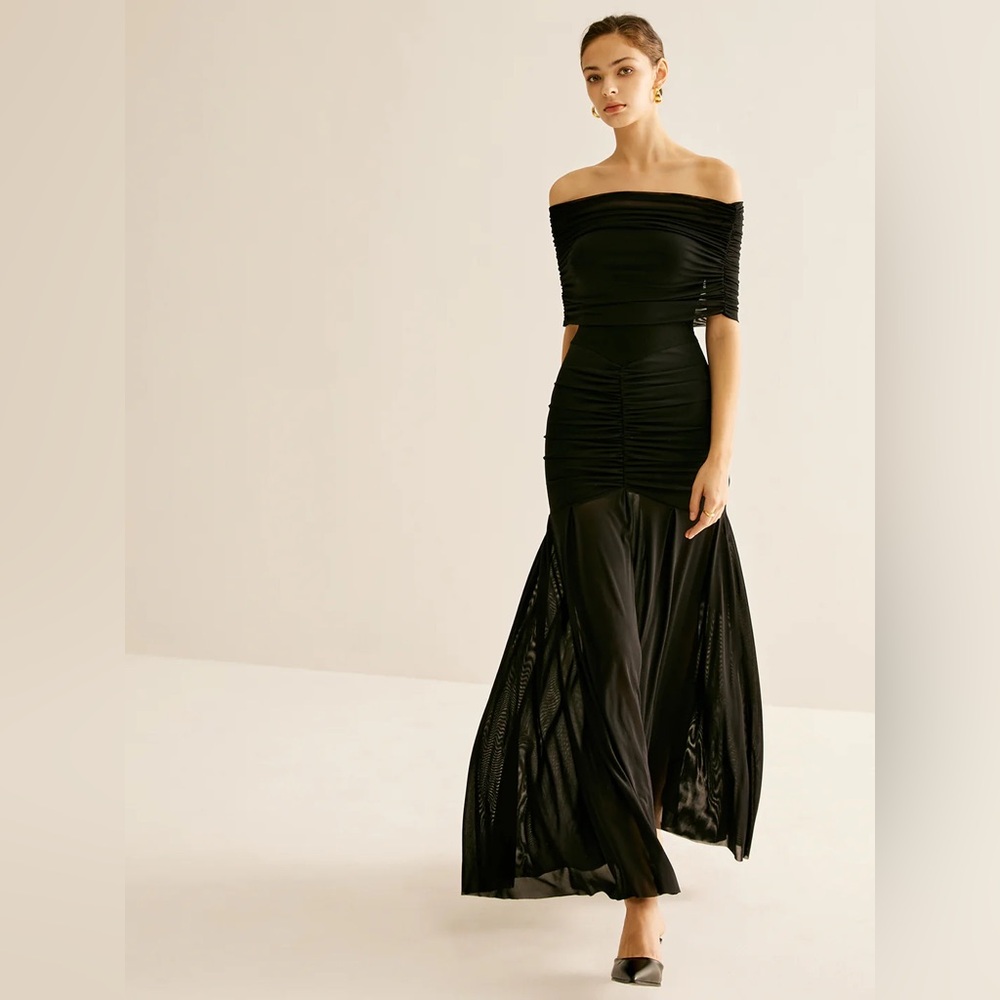 Pleated Mesh Tube Dress With Shawl Commense M CC20 (11)